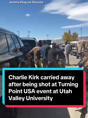 Conservative activist and Turning Point USA co-founder Charlie Kirk seen being carried away after being shot Wednesday at an event at Utah Valley University. Three sources familiar with the investigation said the shooting suspect is apparently still at large. A search is underway. #utah #charliekirk 