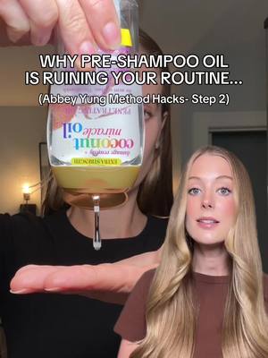 The Abbey Yung Method application hacks for step 2: pre-shampoo oil treatments! A step I absolutely love, but that can cause issues if you use the wrong kind of oil for your hair type or apply it too heavily. LMK what questions I can answer about this step and stay tuned for step 3! #abbeyyungmethod #haircareroutine #hairoil #hairoiling 