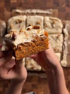 brown butter carrot cake with cream cheese icing loaf: 3/4 cup (170g) unsalted butter → brown it 1 cup (200g) brown sugar 2 eggs 1/4 cup (60g) unsweetened applesauce 1/4 cup (60g) buttermilk 1/2 tsp (2g) vanilla 1 1/4 cup (155g) ap flour 1 tsp (5g) baking soda 1/4 tsp (1g) salt 1/2 tsp (1g) cinnamon 1/4 tsp (0.5g) nutmeg 1/4 tsp (0.5g) ground ginger 1 1/2 cups (180g) shredded carrots 1/3 cup (35g) walnuts *brown the butter and let cool for 10-15 min. whisk together the brown butter, sugar, applesauce, eggs, buttermilk and vanilla. in another bowl, whisk together the flour, baking soda, salt, and spices. add the dry into the wet and fold gently to mix. then add in the shredded carrots and walnuts. pour into a 9x9 pan and bake for 28-35 min at 350f (or until a toothpick comes out clean).  icing: 8 oz cream cheese 4 tbsp (57g) unsalted butter 1 tsp (4g) vanilla 1/4 tsp (1g) cinnamon pinch of salt 1 1/2 cups (180g) powdered sugar *cream together the butter and cream cheese until smooth. add in the vanilla, cinnamon, and salt. mix this well then add in the powdered sugar. if needed, add some milk or cream to thin it out. spread on top and top with some extra walnuts (optional). #carrotcake #fall #baking #Recipe 