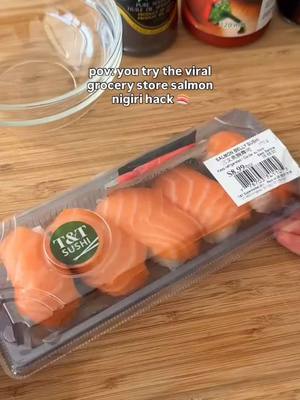Can’t believe this worked 🤯 Turn regular grocery store salmon nigiri to a boujee spicy salmon crispy rice with just an air fryer! 🍣 Steps: - remove salmon slices and cut super finely until it’s a paste - put salmon in a bowl with sesame oil, kewpie mayo, sriracha, soy sauce. Mix well - flatten rice so it’s more rectangular. Brush oil all around the rice - air fry on 375 degrees for 5-7 mins or until crispy and golden brown - top crispy rice with avocado slices & salmon mixture! Top with jalapeño slice if you want ( I didn’t have any on hand so I didn’t use it) Enjoy! #vancouverfoodie #salmonhack #crispyrice #spicysalmon