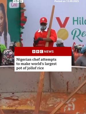 Hilda Baci’s gigantic jollof recipe included 4,000kg (8,800lb) of rice, 500 cartons of tomato paste and 600kg of onions. #Jollof #NigerianJollof #JollofRice #FoodTok #Nigeria #WorldRecord #HildaBaci #BBCNews