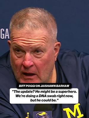 Biff Poggi made the reporters giggle with his update on Jaishawn 😂 #cfb #CollegeFootball #bigten #michigan #superhero  