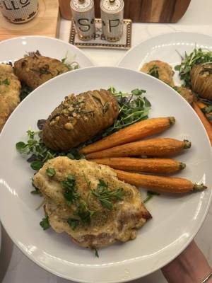Make it 5 next week when my sister comes home from California 🥕 recipe will be on substack #glutenfree #carrots #hasselbackpotatoes #parmesancrustedchicken 