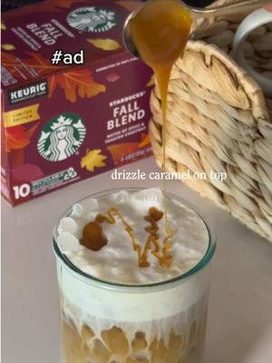 #ad Fall vibes are officially here AND I'm living for it ☕️🍂 Nothing says cozy season quite like @Starbucks Fall Blend Coffee at-home, made iced and with sweet cream cold foam using the Cinnamon Dolce Latte Inspired Creamer. That first sip? Chef's kiss. Who else is so excited for fall and all the fall iced coffees? #StarbucksAtHome #fallvibes #icedcoffee #coldfoam 