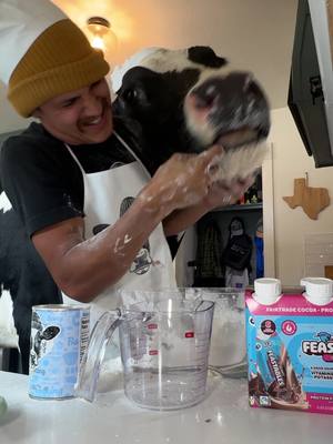 Trying to make cookies with Bruce using Feastables chocolate milk @Feastables #FeastablesPartner #cow #brucethecow #animals #farm