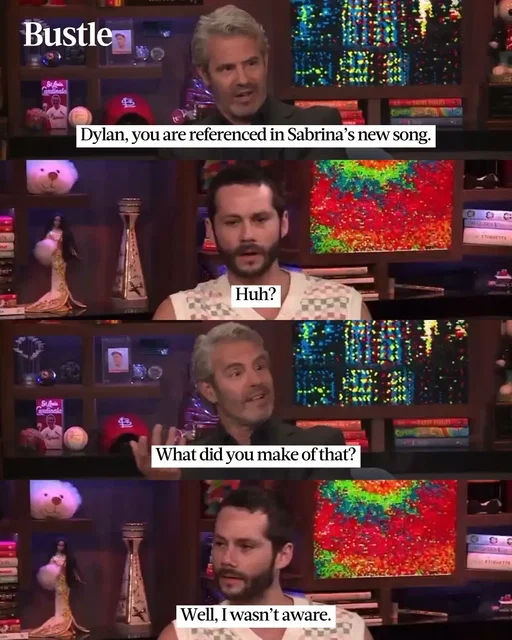 Andy Cohen stirring the go go juice like it’s tea. #SabrinaCarpenter #DylanOBrien