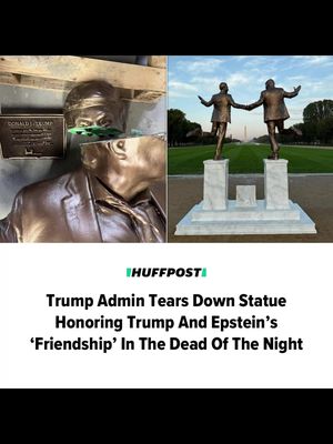 A statue depicting President Donald Trump and sex offender Jeffrey Epstein in celebration of their “friendship” was toppled Wednesday night by the U.S. Park Police. The installation was erected on Tuesday by an anonymous group known as Secret Handshake. The group’s leader told HuffPost that the group had a legal permit for the statue until Sunday at 8 p.m. “We found out at the end of the day that some people within the Parks Department aka most likely the Trump administration were trying to find ways to say we were not in compliance. We were then told everything is OK and that if the administration decided to remove it we would have 24 hours notice to take it down ourselves,” he said. ”Instead, they showed up in the middle of the night without notice and physically toppled the statue, broke it, and took it away.” 📷: Secret Handshake