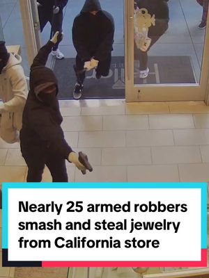 About 25 armed robbers stormed a jewelry store in San Ramon, California, and smashed through display cases with pickaxes before stealing items on Monday, police said. Video showed the suspects breaking in and carrying stolen items. San Ramon police said they've arrested three adults and one minor in Oakland, along with three more adults also in Oakland. Investigators are now looking into whether the same group could be tied to other smash-and-grabs across the Bay Area. Authorities released drone footage they credited in helping in the capture of some of the suspects. #sanramon #california 