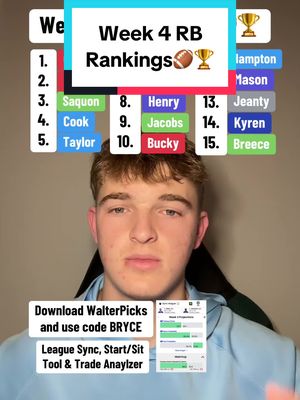 Week 4 RB Rankings🏈🏆 #fantasyfootball #fantasycontent #fantasyrbs #week4 #titanswalterpicks