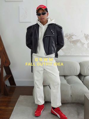 hey YOU! let’s get ready leather jacket with white denim combo and my @PUMA speedcats 