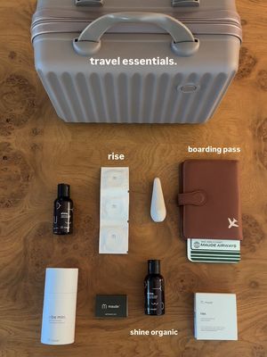 what's in our bag - travel edition. Shop maude's travel essentials at the link in bio.