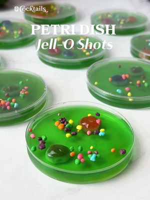 Petri dish Jell-O shots are eerie, yet endearing✨Link for the petri dishes is in our bio. @cocktails may earn commission through links in our socials.  -3 oz. lime Jell-O mix -1 cup boiling water -1/2 cup cold water -1/2 cup. vodka -Gushers & Nerds #petridishjelloshots #petridish #jelloshots #halloween #vodka 