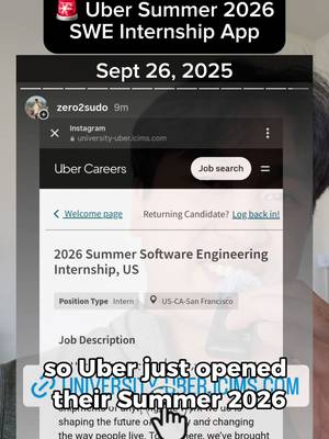 Uber 2026 Software Engineering internship application opened. 🚨