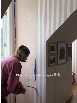 What do we think!? I love 🍭😍 color is Likeable Sand by Sherwin Williams! #playroom #paintedstripes #stripedwalls