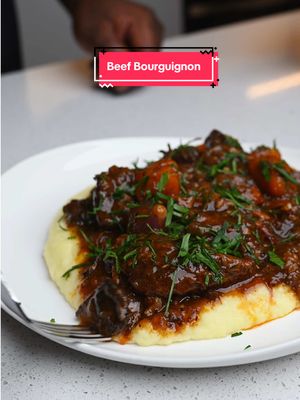 Beef Bourguignon Rich, delicious, and comforting. A recipe you’ll come back to time and time again — especially as we head into the colder months. 🍷🥩 Full recipe below ⬇️ Recipe, Ingredients 	•	2 lbs beef chuck, diced 	•	1 lb double-smoked bacon, chopped into lardons 	•	2 onions, julienned 	•	2–3 carrots, sliced 	•	2 tbsp tomato paste 	•	2 cups red wine 	•	3 cups beef stock 	•	2 sprigs rosemary 	•	3 sprigs thyme 	•	2 bay leaves 	•	1½ cups mushrooms, chopped 	•	1 cup pearl onions, blanched & peeled 	•	Salt & black pepper, to taste 	•	Oil, as needed Method 	1.	Season beef with salt and pepper. Sear until browned, then remove. 	2.	Render bacon until crisp. Remove, keeping the fat. 	3.	Sauté onions and carrots in same pot. Add tomato paste and cook briefly. 	4.	Deglaze with red wine, then add beef stock. Return beef and bacon. Add rosemary, thyme, and bay leaves. Simmer. 	5.	Separately roast mushrooms and pearl onions in oil, salt, and pepper. Add them halfway through braise (about 1.5–2 hours). 	6.	Continue cooking until beef is tender and sauce is rich. Serve hot — ideally over mashed potatoes #EasyRecipes #braisedbeef #torontochef 