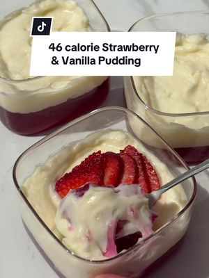 46 calorie Strawberry & Vanilla Pudding Ingredients: * 1 packet Aeroplane sugar-free jelly (your choice of flavour, but strawberry would be ideal) * 2 cups sugar-free “Simply Dessert” white chocolate pudding *  fresh strawberries (sliced) Method:     * Prepare your sugar-free jelly as per the instructions on the package into four containers & refrigerate until set.      * Gently spoon the sugar-free white chocolate pudding on top of the jelly layer. Smooth it out into an even layer using the back of a spoon or a spatula. The pudding should be creamy & fluffy.     * Add a layer of sliced fresh strawberries over the pudding, refrigerate for an hour if desired.   #lowcalorierecipes #lowcaloriedessert #weightlossrecipeideas #snackidea 