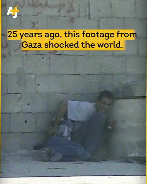 25 years ago, Israeli soldiers shot and killed 12-year-old Muhammad al-Durrah in Gaza as he hid behind his father. Cameraman Talal Abu Rahma recorded the video of Muhammad’s father trying to protect him from Israeli gunfire. The footage became one of the most enduring images of the second Intifada. #MuhammadalDurrah #SecondIntifada #Intifada #Gaza #Palestine