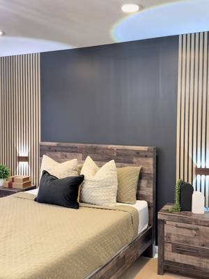 Easiest way to elevate any space on a budget is to add peel and stick wood slat wallpaper and sconces! #DIY #easydiy ##amazonhome #founditonamazon 