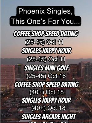 Looking for love this Fall, Phoenix? 🧡👀 Crisp air, cozy vibes & new connections await you this October! Whether you’re looking for your perfect match or just want to make new connections in Phoenix, @jigsaw.dating events are where singles come together for something real ✨ FOMO Friends, you’re going to want to check out this month’s lineup of Fall events for singles you won’t want to miss - plus their annual HALLOWEEKEND SINGLES MIXER 👻 - and you’re the first to know! SAVE THE DATES: ☕ Coffee Shop Speed Dating: 10/11/25, 3-5 pm, Cartel Roasting Co., 810 S Ash Ave, Tempe, AZ 85281 🥂 Singles Happy Hour: 10/11/25, 7-9 pm, George and Dragon English Pub, 4240 N Central Ave, Phoenix, AZ 85012, United States ⛳ Singles Mini Golf: 10/16/25, 7-9 pm, Puttshack, 15059 N Scottsdale Rd, Scottsdale, AZ 85254 ☕ Coffee Shop Speed Dating 40+: 10/18/25, 3-5 pm, VENUE TBA Prime Downtown Location Coming Soon! 🥂 Singles Happy Hour 40+: 10/18/25, 7-9 pm, Edelweiss Biergarten, 2625 E Bell Rd, Phoenix, AZ 85032 🕹️ Singles Arcade Night: 10/23/25, 7-9 pm, Dave and Busters, 2000 E. Rio Salado Pkwy Suite 1100, Tempe, AZ 85288 ☕ Coffee Shop Speed Dating: 10/25/25, 3-5 pm, VENUE TBA Prime Downtown Location Coming Soon! 👻 HALLOWEEKEND Singles Happy Hour: 10/25/25, 7-9 pm, Thunderbird Lounge, 710 W Montecito Ave, Phoenix, AZ 85013 - COSTUME CONTEST! DRESS YOUR SPOOKIEST 🧟‍♀️👻 Come solo or bring your whole crew to Find Your Missing Piece 🧩 The Jigsaw community is warm, welcoming, and ready to meet YOU & maybe even your perfect match this Autumn 💞🍂  HERE’S WHAT YOU CAN EXPECT: ❤️‍🔥 A room full of singles ready to mix, mingle & spark connections  🫂 A dedicated Jigsaw event host to check you in and get the fun started 🧩 Jigsaw wristbands and name tags, so you know who’s single!  👩‍❤️‍👨 Icebreaker activities, conversation prompts, and prizes!  🎟️ Tickets are available through the link in my bio! Hurry, before they sell out!! Whether you make new friends or meet your match, you’re guaranteed to have a great time. SAVE this post & SHARE with your single crew - let’s make this October unforgettable! 🫶🏽 #arizonacheck #speeddating 
