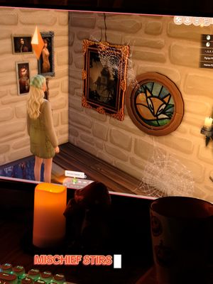cozy nighttime gaming with the @The Sims  for the theme escape or escapade! I used the packs cottage living, realm of magic and vampires to create a theme that seems simple but not everything that merts the eye, with mysteries to unfold and creaks in the floorboard you cant explain, this is the perfect way to wind down and enjoy spooky season 🐈‍⬛️⛈️🕷🦇🍁 #simitandsee #sponsoredbyea #cozygaming #spookyseason #halloween 