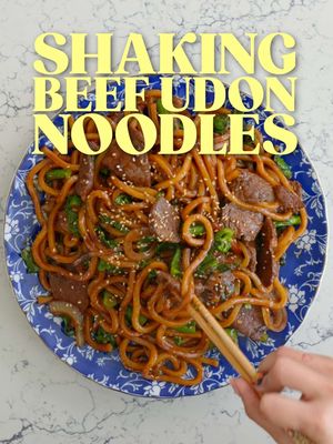 Shaking beef + udon = heaven in your mouth 😮‍💨  I’m sending out the full written recipe to my newsletter fam today, comment “recipe” and I’ll send you the link to join if you’re not on my newsletter already, if you are this recipe is coming your way soon 👀  . . . For marinade  1/2 pound  filet mignon  thinly sliced  1 tablespoons (24g) granulated sugar  1 tablespoons oyster sauce  1 tablespoons Maggi seasoning ½  tablespoon honey  ½ teaspoon sesame oil  1 tablespoon (10g) minced garlic  1 tablespoon sambal  For noodles  1 packs fresh Udon noodles  1 tbsp dark soy sauce  2 tbsp regular soy sauce  2 tsp sugar 4-5 chinese broccoli stem ½ yellow onion