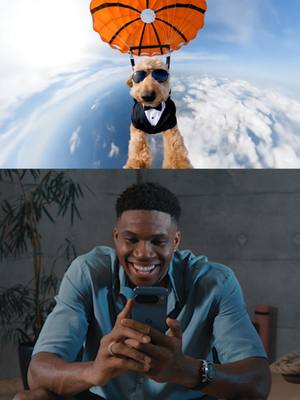 It’s a bird! It’s a plane! It’s a… parachuting goldendoodle? Check out what happens when @Giannis Antetokounmpo uses video generation with Gemini on his Google #Pixel10 Pro to combine his favorite things 🐶🏀🥸 Subscription required. Availability varies. 18+.
