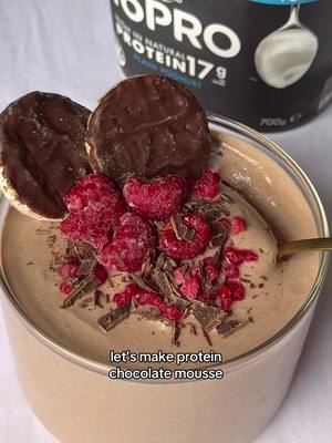 chocolate mousse 🍫 ingredients: serves 4 ✨ 500g plain YOPRO ✨ 180ml full cream milk ✨ 100g sugar free dark chocolate, finely chopped ✨ 40ml sugar free maple syrup ✨ 1 tsp vanilla extract ✨ 1/2 xanthan gum (thickener)  method: 1. add milk and chocolate to a non-stick pan 2. heat the pan on LOW and stir until well combined.  3. make sure the milk does not boil   4. stir through maple syrup and vanilla. 5. remove the pan from heat and allow to cool for 10-15 minutes  6. add yogurt to a large mixing bowl and pour chocolate mixture on top 7. gently fold the yogurt into the mixture  8. pour the mixture into containers of your choice and leave in the fridge overnight to set  9. top with raspberries and shaved chocolate. enjoy!  #YoPRO #FuelYourJourney #HighProtein #ChocolateMousse #ProteinRecipe  
