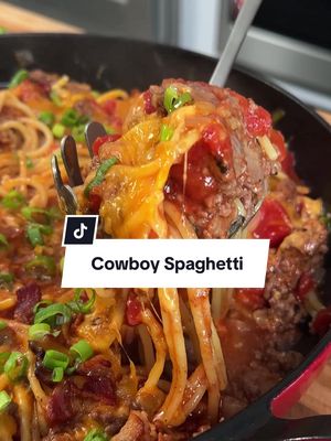 There's a whole lot of flavor in this skillet! 🤠 Cowboy Spaghetti is a fun twist on a classic, and lucky for you, it all comes together in ONE pan! 🍳 For more recipes like this one, be sure to subscribe to our newsletter! Click the link in the @allrecipes bio to get started. 📮 Ingredients: 6 strips bacon 1 onion, chopped 2 cloves garlic, minced 1/2 teaspoon salt 1/4 teaspoon freshly ground black pepper 1 pound ground beef 1 1/2 cups beef broth 2 teaspoons Worcestershire sauce 2 teaspoons hot sauce, or to taste 8 ounces spaghetti noodles 1 (10 ounce) can diced tomatoes with green chiles (such as Ro-Tel® Original) 1 (14.5 ounce) can fire roasted tomatoes 1 (4 ounce) can tomato sauce 1/2 cup shredded sharp Cheddar cheese 3 green onions, sliced, or as needed for garnish Directions: Place bacon in a large cast iron skillet and cook over medium-high heat, turning occasionally, until slightly crisp, about 7 minutes. Remove bacon slices to a paper towel-lined plate. When bacon is cool enough to handle, crumble roughly and set aside. Add onion to the same skillet with bacon grease and sauté until softened, about 3 minutes. Add garlic, salt, and pepper. Stir until garlic is fragrant, about 30 seconds. Add ground beef. Cook and stir until beef is crumbly and no longer pink, about 5 minutes. Lower heat to medium-low, and stir in beef broth, Worcestershire sauce, and hot sauce. Stir in 1/2 of the crumbled bacon. Break spaghetti noodles in half. Scatter over ground beef, making sure noodles are separated. Pour tomatoes with green chiles, fire-roasted tomatoes, and tomato sauce over noodles. Cover and cook for 20 minutes. Remove the lid and stir to combine the pasta and sauce. Smooth out mixture and scatter shredded cheese evenly over top. Sprinkle with remaining bacon. Cover and let cheese melt, about 5 minutes. Garnish with green onions; serve immediately. 🧑‍🍳: @nicolemcmom #cowboyspaghetti #spaghetti #pasta #easydinners #DinnerIdeas