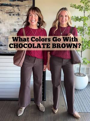 Shop on our LTK, link in bio!Next in our series of what to wear with trending colors, we’re styling chocolate brown pants!! Deep brown goes with so many colors and even patterns, especially leopard!🐆 Two colors that weren’t our favorite with brown: Hunter green & Orange! Both of those colors felt too literal fall or holiday!🌲🎃 What’s your fave color combo?? Krista’s @PAIGE Anessa jeans are so soft and have the most amazing fit! My @madewell Emmett pants are divine, but sadly limited in sizes! We did a deep dive and linked lots of other brown pants options!  #fallfashion #over40 #falloutfits #brown #outfitinspo 