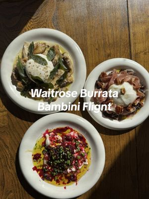 the foodie flight you didn’t know you needed. Testing out @Waitrose & Partners 3 pack burrata bambini (so mini & cute what the helly) with lots of their other No1 goodies. Bonus dinner party idea: everyone has to bring a different burrata dish! which one would be your winner? - No1 fig and balsamic jam, prosciutto, pecans  - No1 woodland mushrooms made into a creamy garlic ragu with crispy sage and truffle oil   - Grated frozen beetroot with No1 heather honey, chives and lots of olive oil 