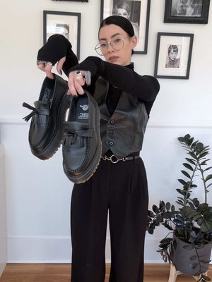 One last Corp goth for October because this ghoul doesn’t work in the best month of the year 🎃 Pants and Vest thrifted @Poshmark  Belt Baby Turns Blue *use code HAZE30 for $30 off* Turtleneck @Marcella NYC Sheer Turtleneck  Vegan Oxfords @Dr. Martens thrifted from Depop #corporategoth #elegantgoth #darkaesthetic #softgoth 