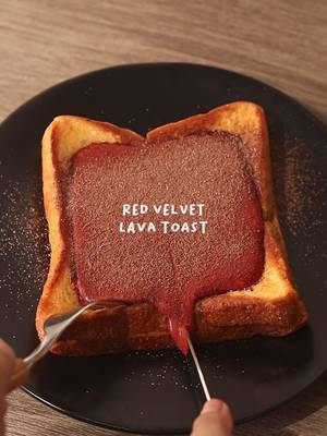 🍞❤️ Red Velvet Lava Toast 📝 Recipe 2 Slices • Bread 10g • Sweetened Condensed Milk 1 Egg 30g • Milk 1 tbsp • Butter Red Velvet Cream: 15g • Whipping Cream 35g • Milk 2 tbsp • Red Velvet Flavored Powder 5g • Sugar (or any sweetener that you like) ✍️ Instructions: • Spread & Bread - spread condensed milk on bread and stack another bread on top • Soaking; Bread - prepare a bowl - crack open 1 egg, pour milk, and whisk - soak / dip the bread  • Cooking; Bread - melt butter on a pan in medium heat - cook the bread and flip the bread until both sides are cooked with brown color • Red Velvet Cream - pour whipping cream and milk - put sugar and red velvet powder, mix with hand mixer / milk frother until thickened • Finishing; Red Velvet Lava Toast - flatten french toast in the middle to make space for the red velvet cream - pour the red velvet cream - dust with some red velvet powder on top — #homecafe #frenchtoast #asmr #redvelvet #EasyRecipe 