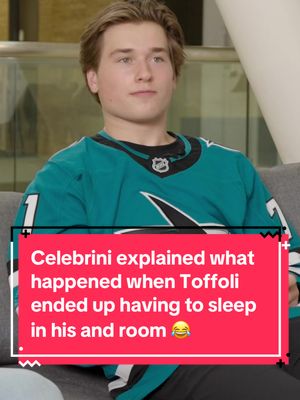 Macklin Celebrini shared his side of what happened when Tyler Toffoli had to sleep in his and Will Smith’s room 😂🦈 Full video with @EASPORTSNHL is up on our #YouTube channel 👀▶️ #NHL #hockey #sanjose #cali 