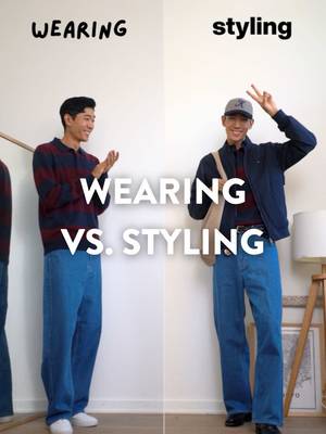 Wearing vs Styling: Fall Prep Styling 🤓 With fall here, I’ve been experimenting with new seasonal styles. After getting my hands on this navy jacket and  blue denim pants, I wanted to pair them for that preppy young dad vibe. I think the colors work really well together, and I’ve been loving the look of black loafers with blue jeans lately. Some people might prefer the “wearing” outfit on this one but let me know!   #mensfashion #mensstyle #sidebyside #mensoutfit #fallseason  