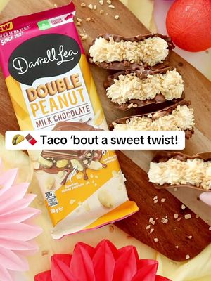 Chocolate tacos you NEED to try. 😋​ Turn your Darrell Lea Double Peanut Milk Chocolate Block into indulgent mini chocolate tacos:​ 1️⃣ Melt one block of Double Peanut Milk Chocolate on low heat.​ 2️⃣ Spread melted chocolate in a circle on baking paper, shape over a muffin pan and chill until set.​ 3️⃣ Whip 3 tbsp of caramel sauce and 250ml cream together.​ 4️⃣ Remove tacos from paper once set. Fill with caramel cream and top with chopped peanuts. ​ Sweet, salty and totally taco-rific! 😋​ #DLMakesItBetter #PalmOilFree #chocolate #tacos #dessert 