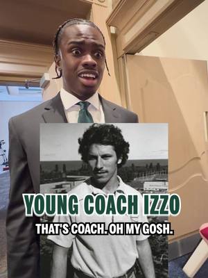 Coen Carr was shook at this throwback photo of Coach Izzo we showed him at #b1gmediadays 🤣 #tomizzo #michiganstate #coencar #collegebasketball 
