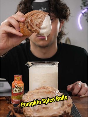 Pumpkin Spice Cinnmon Rolls w/ @5hourENERGY as the secret ingredient to bring sweet cozy notes of pumpkin spice as well as an energizing kick to the fall season! #HolidayFlavorHustle #5hourambassador #pumpkinspice #cinnamonrolls 