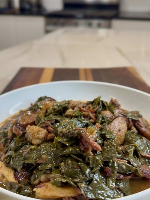 Gumbo Greens 🥬 You can’t microwave this kind of flavor. Nah, this takes hours, layers, and a little soul talk. The kind of dish that makes you sit back, close your eyes, and thank the ancestors for teaching you patience 🔥🔥🤤 #gumbo #collardgreens #creole #cajun #foodtiktok 
