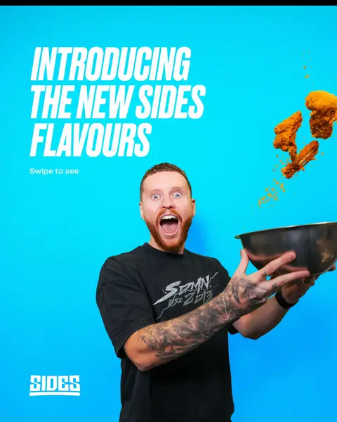 There's now 11 flavours to choose from… including British classics like a Roast Chicken Dinner seasoning to a hot fiery London Jerk inspired sauce 🔥  Whether you want a wrap, burger, tenders or wings... we only serve 100% fresh British chicken 🐓  See you at Sides soon 🍗 @Sidemen 