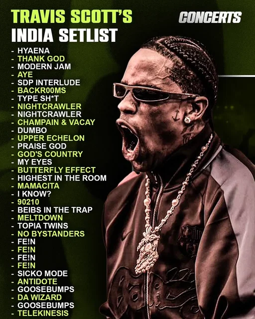 Here is the official setlist for Travis Scott’s ‘Circus Maximus’ tour stop in Delhi, India 🔥🇮🇳 What song do you most want to see performed live⁉️ Note- The setlist is subject to change