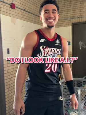 this was taken moments after @Jared McCain tried on the black jersey for the first time. his mom had to get a pic as well 😂 #NBAJerseyDay #Sixers #NBA #Philly