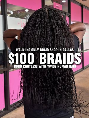 $100 Braids in Dallas 💵👩🏾‍🦱 I finally tried $100 Braids in Dallas and for the price….they got the job done. I was in and out within 3.5 hours. They provide braiding hair and you have to bring your own boho pieces. I need my hair to last, so I ordered the @YWigs Official bulk human hair. Would you try it? 👀 👩🏾‍🦱 Style Details: Small Boho Knotless using Y Wigs Boho Bulk Spanish Curl #DallasBraids #DallasBraider #100BraidsDallas #YWigs #DallasInfluencer 
