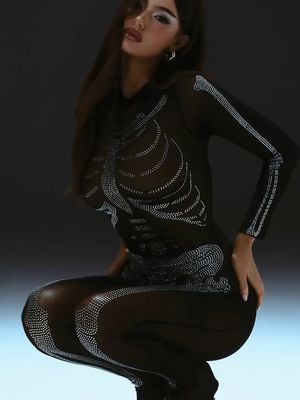 Everything Is Not What It Seems 💀 Bat Your Eyes... And You'll Miss It. 🦇⁠ 🔎 You See Right Through Me Rhinestone Sheer Jumpsuit #fashionnova #Halloween #TikTokFashion
