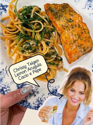 SAVE this recipe (and share it too) LEMON ARUGULA CACIO E PEPE 🍋🌱🧀  @Cravings by Chrissy Teigen this is my fave recipe from your Cravings book, still, after all these years omgggg 🤤🍝 🍴 Ingredients: - 12 oz Dried Spaghetti (you can use cheackpeas pasta if you’re #gluten intolerant or just want less carbs, just know the texture won’t be the same lol) - 1/4 pound (about 3/4 cup) Pancetta or bacon, finely diced - 1/4 cup Extra-Virgin Olive oil - 3 tbsp. Minced garlic - about 4-5 cloves - 1 tsp. Red pepper flake - 2 tsp. Black pepper, freshly grated (plus more, to taste) - 1/4 cup Fresh lemon juice - 1/2 cups Freshly grated Parmeggiano-Reggiano Cheese, plus more for serving - 3 cups Fresh baby arugula 🍣 OPTIONAL: Add the protein of your choice. i added #salmon for an extra brain health kick! 👩🏽‍🍳 Instructions: FIRST: In a large pot of heavily salted boiling water, cook the spaghetti to al dente according to the package. Reserve 1 cup of the pasta water, then drain the pasta. MEANWHILE: In a large skillet, cook the pancetta over medium-high heat until crisp, seven to nine minutes. Add the olive oil, then add the garlic, red pepper flakes, and black pepper; cook until fragrant, about one minute. THEN: Add the lemon juice to the skillet, then toss in the drained pasta, tossing to coat. Add the Parm and toss, adding the pasta water, a couple of tablespoons at a time, just to help the cheese coat the pasta. NOTE: Don’t OVERDO it with the water! Add the arugula and toss until it wilts, about one minute.  FINALLY: Season to taste with additional desired amounts of salt, black and red pepper.  Serve with even more Parm. _ _ _  👩🏽‍🍳 SAVE this recipe (and share it too!), and tag me when you make it!  #cacioepepe #salmon #chrissyteigen 