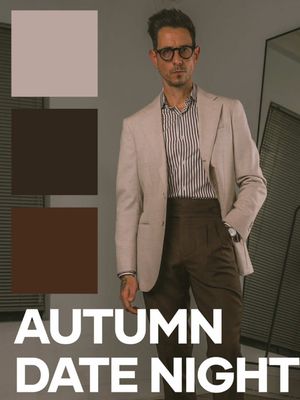 Trust me, this is the perfect color combo for autumn / A sand jacket, striped shirt, and chocolate trousers create the ultimate date night outfit.  And just when you think it can’t get better—I flip it, swapping for a brown jacket and sand trousers. Both outfits would also work just as well by adding a brown tie for a shirt and tie outfit for men!  Which version wins your vote?  #MensStyle #AutumnOutfits #datenightstyle 