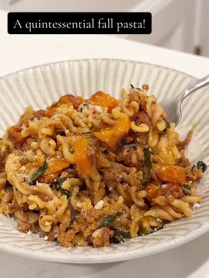 I had a serious craving for butternut squash pasta the other night and now I’m not sure I’ll ever stop making this. 💯 Turns out this is the ultimate cozy fall dinner — rich, creamy, and perfectly balanced with smoky chorizo and sweet, caramelized squash. Going to work on getting this up on the blog, but in the meantime, the FULL RECIPE IS BELOW. Hope you love! ✨For the Butternut Squash✨ 1 medium butternut squash, peeled, seeds removed, cut into ½-inch cubes 2 Tbsp extra virgin olive oil 1 tsp garlic powder 1 tsp kosher salt  ½ tsp ground cinnamon ½ tsp freshly ground black pepper ✨For the Pasta✨ 12 oz dried pasta, such as fusilli or rotini Kosher salt 2 Tbsp extra virgin olive oil, plus more for serving 1 medium red onion, peeled, halved, and thinly sliced into half moons 2 scallions, thinly sliced (separate the white and green parts) 1 lb uncooked pork chorizo, casings removed 3 cloves of garlic, peeled and finely chopped 2 Tbsp finely chopped fresh sage ½ cup mascarpone cheese 5oz fresh baby spinach ⅓ cup Pecorino Romano or Parmigiano Reggiano, grated, plus more for serving 2 Tbsp unsalted butter Freshly ground black pepper Flaky sea salt 1. Preheat oven to 425°F (220°C). Roast the squash (with olive oil and spices listed above) on a rimmed sheet pan until golden and caramelized. Cook the pasta until al dente, reserving a little pasta water for later. 2. Sauté onion and scallion whites in olive oil until soft, then add chorizo and cook until browned. Stir in garlic and fresh sage, then toss everything together with the roasted squash, mascarpone, spinach, and a splash of pasta water until the sauce is silky and coats the pasta. 3. Finish with a knob of butter, a drizzle of olive oil, and plenty of grated cheese and black pepper. Cozy, rich, and full of fall flavor. 🍂 #pasta #butternutsquash #chorizo #pastarecipe #DinnerIdeas   