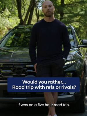 Road trip with refs 🚨 or rivals 💥? Tough call. NHL stars play Road trip Would You Rather, presented by the TUCSON Hybrid. #HyundaiCanada #HyundaiTUCSON #TUCSON #NHL