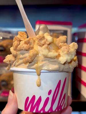 The taste of your favorite small town diner's warm apple pie 🍽️🥧  Cinnamon apple soft serve, topped with a ribbon of gooey caramel and a coating of perfectly buttery pie crumbs. Now serving at all Milk Bar bakeries 🍎