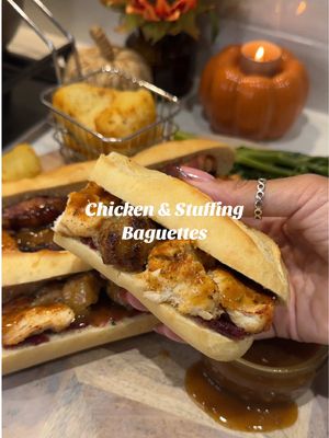 Chicken & Stuffing Baguettes  Proper comfort food 🙌🏼 For two:  - 200g chicken breast  - Tsp sage, garlic granules & chicken seasoning  - 4 stuffing balls  - 2 part baked baguettes  - 20g cranberry sauce  To serve: - 300g Maris piper potatoes  - gravy (made per packet instructions)  - Tenderstem broccoli   For the potatoes, peel them and then cut into even sized roasties, pop them in some salted water and boil for 6-7 minutes. Whilst they boil, preheat your airfryer with a little oil (remove tray and just add the oil to the airfryer basket).  Drain potatoes, add some roast potato seasoning and give them a good shake. Then add to the airfryer basket & cook for around 20-25 minutes at 200, until golden and crispy.  Then add the seasoning and some spray oil to your chicken. I cooked in my airfryer for 15 mins. I also cooked my pigs in blankets and stuffing balls at the same time.  Pop the baguettes in the oven.  Mix up your gravy. Once eveything is done, i added a layer of the cranberry to the bottom of the baguettes, then topped with some chicken and then the stuffing.  Cut baguettes in half, add the pigs in blankets and use the gravy to dip into!  NOTES:  I only had half a baguette for mine to save a few calories, but still used the full amount of chicken and stuffing so one sandwich was full size and the other (mine) was a “half baguette”    #chickenandstuffing #roastbaguette #roastdinner #fyp #ComfortFood  