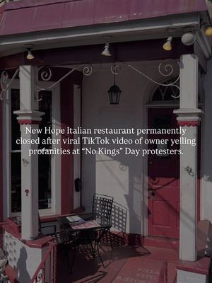 What are your thoughts?  Villa Vita in New Hope was already infamous for its poor reviews citing unsanitary conditions and bad food. The owner’s recent outburst towards protesters in a viral video appears to be the final nail in the coffin. As of yesterday, all signs were taken down & their Google listing says “Permanently Closed.” The video racked up over 580K views on TikTok, with our repost garnering 133,000 additional views. - Follow for more #local happenings  #buckscounty #buckscountypa #panews #phillysuburbs   